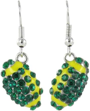 Mini Pavé Football Rhinestone Fish Hook Earrings - Dark Green Crystals with Yellow Enamel Stripes