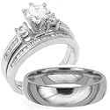 3 Pieces Men's Women's, His & Hers, 925 Sterling Silver & Titanium Engagement Wedding Ring Set, AVAILABLE SIZES men's 8,9,10,11,12; women's set: 5,6,7,8,9.