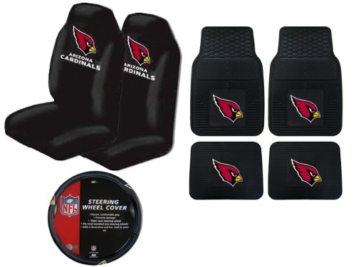 A Set of 4 NFL Universal Fit Front All-Weather Floor Mats and A Set of 2 Universal Fit Seat Covers and 1 Steering Wheel Cover - Arizona Cardinals