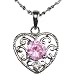 Pink Sapphire Cubic Zirconia 0.5ct Center Filigree Heart Platinum Overlay CAREFREE Sterling Silver Pendant Necklace