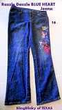 Blue Heart Jeans Dark Denim Glitter Dazzle Bling Appliques Pockets Pant Legs