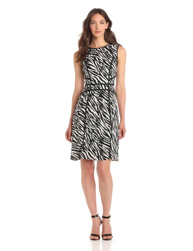 Adrianna Papell Womenâs Zebra Print Flare Dress, BlackWhite, 4