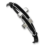 Stainless Steel Black Leather Bracelet - 8.25 inches