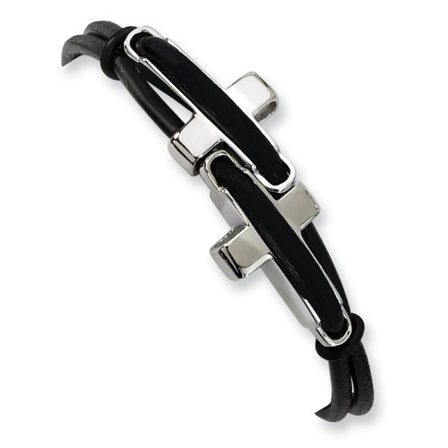 Stainless Steel Black Leather Bracelet - 8.25 inches