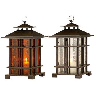 Set of 2 Iron and Glass Arts & Crafts Candle Lanterns