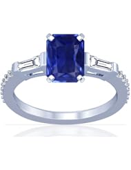 18K White Gold Emerald Cut Blue Sapphire Ring With Sidestones