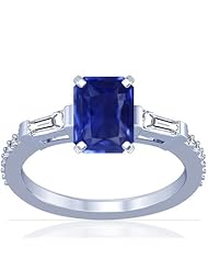 Platinum Emerald Cut Blue Sapphire Ring With Sidestones