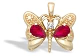 14K Yellow Gold Genuine Pear Ruby and Diamond Butterfly Pendant