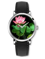 SPRAWL Aanalog Fashion Series Silver Ladies Watches of Genuine Black Leather Strap,Unique Wrist Watch for Women Girls Designed with pink lotus