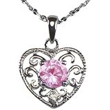Pink Sapphire Cubic Zirconia 0.5ct Center Filigree Heart Platinum Overlay CAREFREE Sterling Silver Pendant Necklace