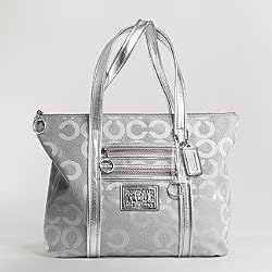 Coach Signature Lurex Poppy Glam Book Bag Purse Tote Silver