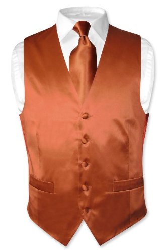 Biagio Men's Solid BURNT ORANGE SILK Dress Vest NeckTie Set size Xlarge