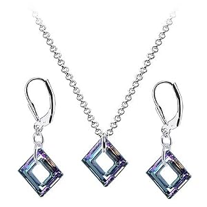 Square Crystal Earring Pendant 16" Silver Necklace Set