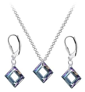Sterling Silver Vitrail Crystal Pendant Earrings 1mm Rolo Chain Necklace Jewelry Set Made with Swarovski Elements