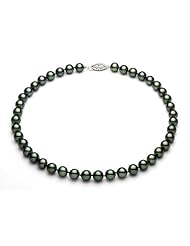 PremiumPearl 7-7.5mm Japanese Black Akoya Pearl Necklace AA+ Quality Yellow Gold, 18" Length