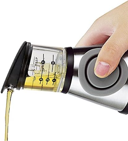 Press and Measure Olive Oil Glass Bottle (Bonus-Gift-Herb-Bag-Included) - Salad Dressing Dispenser Infuser - Vinegar Pourer 10 oz (Metallic color)