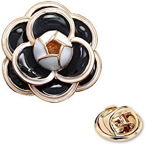 OUDUO Women's Enamel Black And White Flower Brooch Camellia Pin 1pc