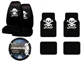 A Set of 4 Universal Fit Skull White Plush Carpet Floor Mats and 1 Comfort Grip Steering Wheel Cover and A Set of 2 Universal Fit Seat Covers