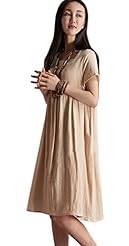 Linen Scoop Neck Vintage Elasticized   Waistline Short Sleeves Jumper 