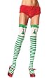 Christmas Stripe Thigh High Nylon Stocking With Printed Christmas Tree, Glitter Star, And Bow (Green/White-One Size)
