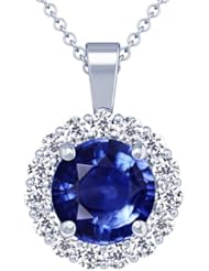 18K White Gold Round Cut Blue Sapphire And Round Diamond Pendant (GIA Certificate)