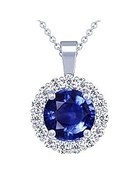 14K White Gold Round Cut Blue Sapphire And Round Diamond Pendant (GIA Certificate)
