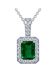 14K White Gold Emerald Cut Emerald And Round Diamond Pendant (GIA Certificate)