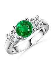 Round Emerald and Diamond Three Stone Ring