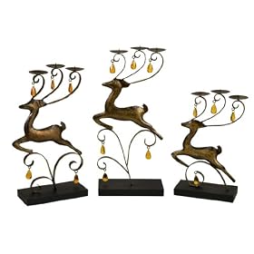 Set of 3 Black Iron Christmas Jumping Reindeer Pillar Candle Holders Amber Gems