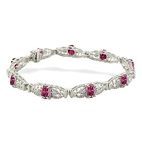 14K White Gold Genuine Oval Pink Tourmaline and Diamond Bracelet by Jewels For Me