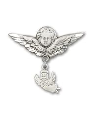 Sterling Silver Baby Badge with Guardian Angel Charm and Angel w/Wings Badge Pin