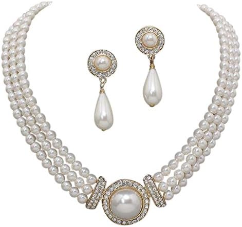 Elegant 3 Strand Cream Ivory Pearl on Gold Tone Drop Bridal Necklace Earring Set X3