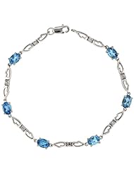 10k White Gold Double Fancy Heart Tennis Bracelet w/ 0.05 Carat Brilliant Cut Diamonds & 3.0 Carats Oval Cut Blue Topaz Stones, 3/16 in. (4.5mm) wide