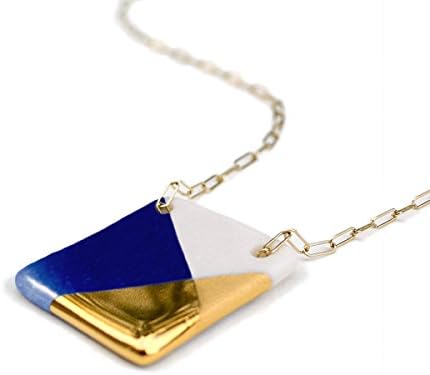 Large Blue and Gold Square Necklace, Handmade Gold and Porcelain Square Necklace