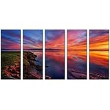 Sunset beach print on canvas, beach canvas prints, prints for modern home and office interior d&eacute;cor, seascape canvas designs, 5 panel print, sunset wall art, framed and ready to hang
