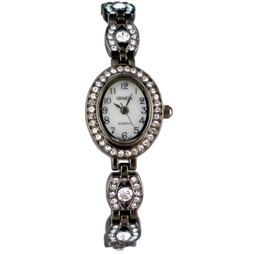 Women's Fashion Rhinestone Accent Oval Face Black Gun Metal Dress Bracelet Watch