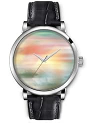 SPRAWL Aanalog Fashion Series Silver Ladies Watches of Genuine Black Leather Strap,Unique Wrist Watch for Women Girls Designed with Blurred Landscape