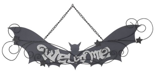 Pack of 4 Black Glittered Welcome Bat Halloween Hanging Door Decorations 23