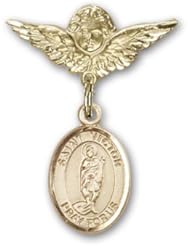 14K Gold Baby Badge with St. Victor of Marseilles Charm and Angel with Wings Badge Pin