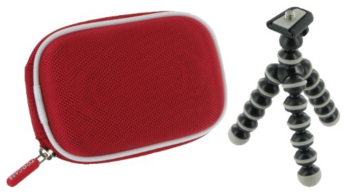 rooCASE 2n1 Nylon Hard Shell (Red) Case with Memory Foam and Premium Tripod for Sony Cybershot DSCW150 Digital Camera Gold