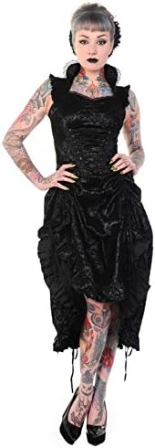 Victorian Gothic Wedding Skull Rose Tattoo Art Flocked Black Corseted Dress (12 (M))