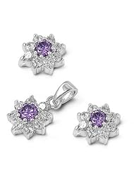 Sterling Silver Amethyst CZ Color Center Flower Earring & Necklace Set
