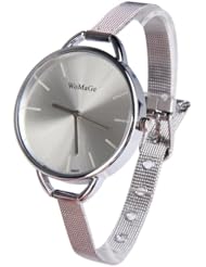 Vktech Sketchy Oversize Bezel Fashion Lady Watch with Stainless Steel Narrow Band (White)