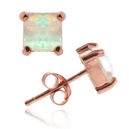 Rose Gold vermeil (24k Gold over Sterling Silver) fiery created White Opal stone square stud Earrings