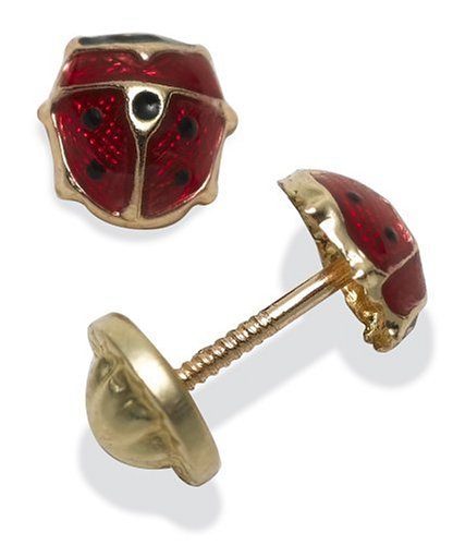 14k Yellow Gold Enamel Ladybug Earrings