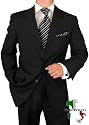 Valentino Made in Italy Mens Suit 3 Button 2pc Canvas Front Jacket Flat Front Pants Business Suit Australian Merino Wool / Silk 150s Black Stripe