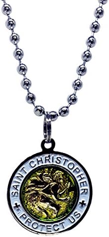 St. Christopher Surf Necklace, Small Pendant, Lime Yellow with White Rim, 17 Inch Ball Chain