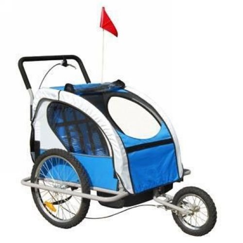 KMS Child 3 In 1 Folded Bike Trailer Stroller Jogger Seat Buggy Lightweight Blue Gray 1-2 Child 5 Point Harness With Canopy Visible Flag