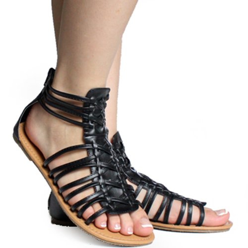 Black Gladiator Strappy Sandal Comfort Ladies Flat Shoes