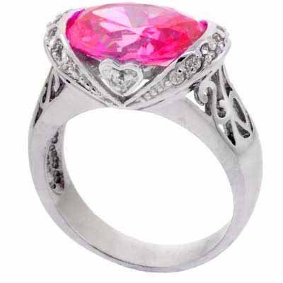 UNIQUE! Silver PINK Sapphire Heart CZ Ring Size 10
